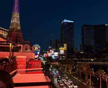 View of Las Vegas Strip at night during Licensing Expo 2025.