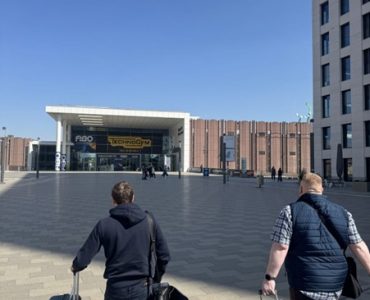 Meteor Space team arriving at Koelnmesse for FIBO 2025 in Cologne.