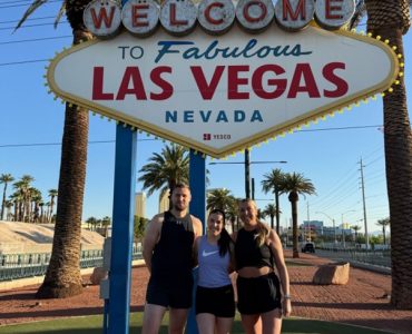 Meteor Space team at the Welcome to Las Vegas sign ahead of Licensing Expo 2025.