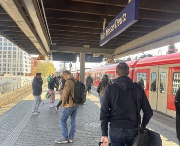 Meteor Space team arriving at Köln Messe/Deutz station on the way to FIBO 2025.