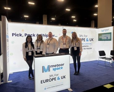 Meteor Space team at their Licensing Expo 2025 booth promoting 3PL for Europe and the UK.
